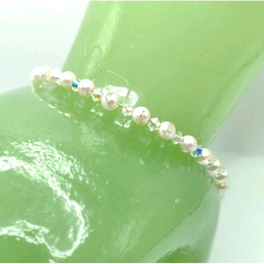 Vtg 925 Sterling Silver Clasp Faux Pearl & AB Aurora Borealis Facetted Bead 8"